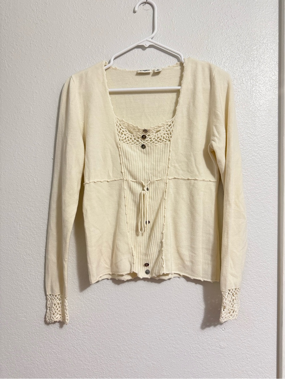 Boho Crochet-Trim Cream Long Sleeve Top